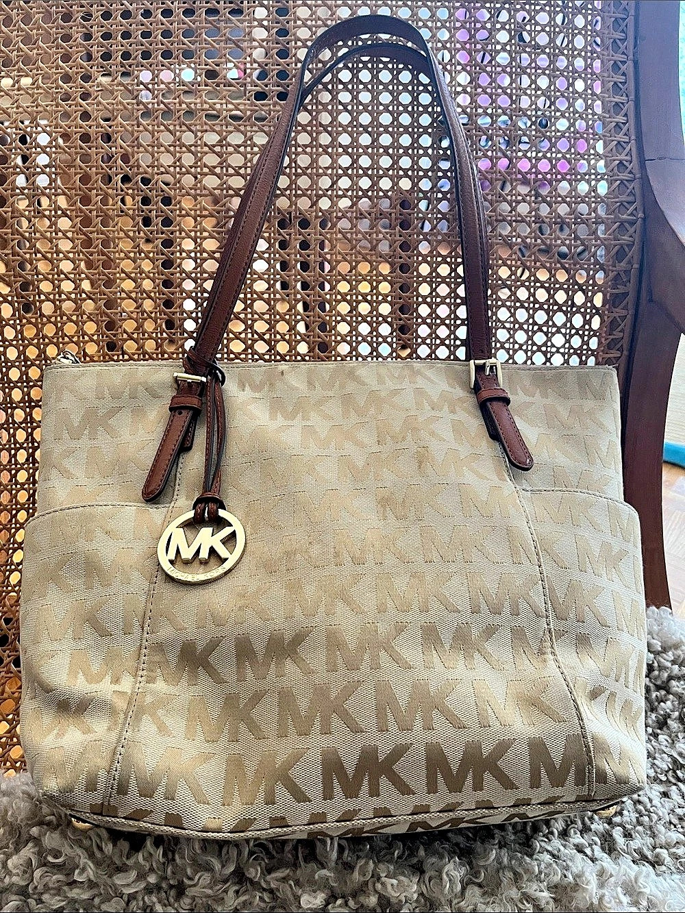 Michael Kors Jet Set Signature Monogram Tote Bag Beige/Camel Canvas